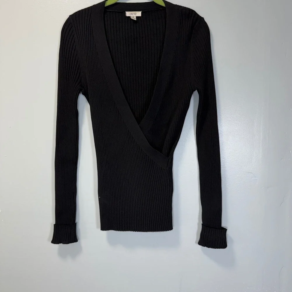 Cache Vintage Y2K Ribbed Knit Wrap Top Long Sleeve V-Neck Black Sweater M